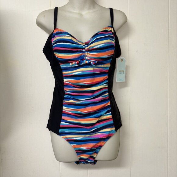 Christina Blue Swimsuit Womens 12 Striped One Piece Slimming Push Up True Fit - Picture 2 of 9